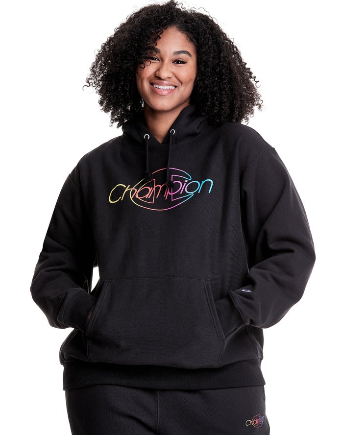 Champion Womens Hoodie NZ - Plus Reverse Weave Rainbow Logo Black ( 2497-RJSEF )